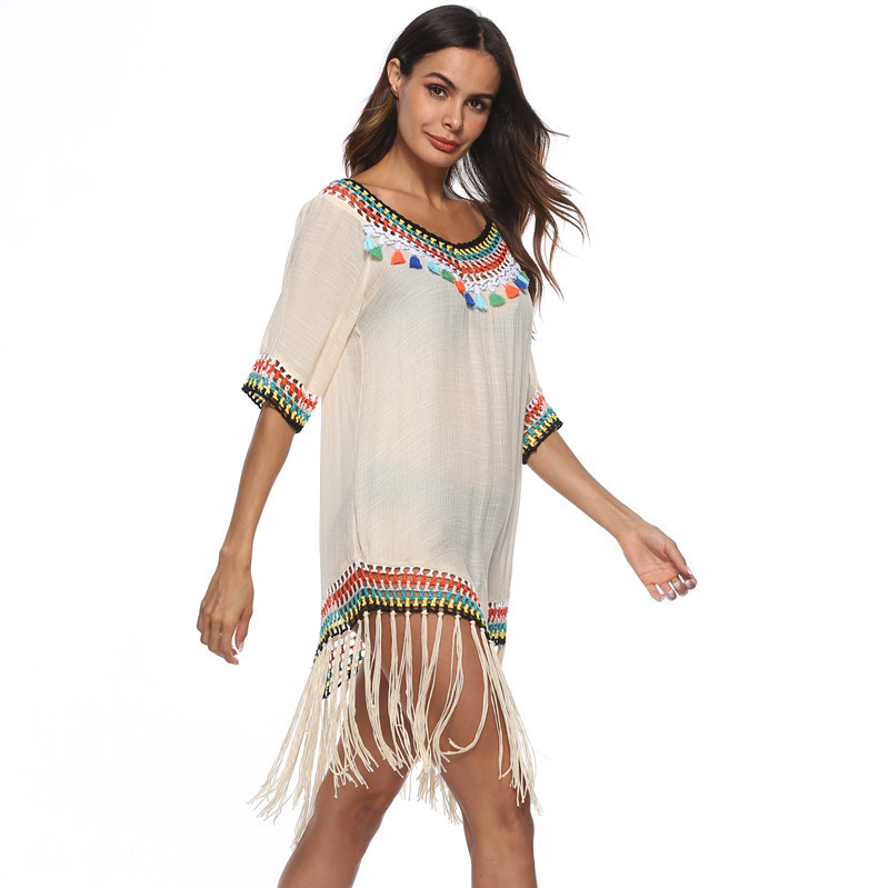 Hollow-out Rainbow Tassel V-Neck Hand Hook Beach Blouse - Image 7