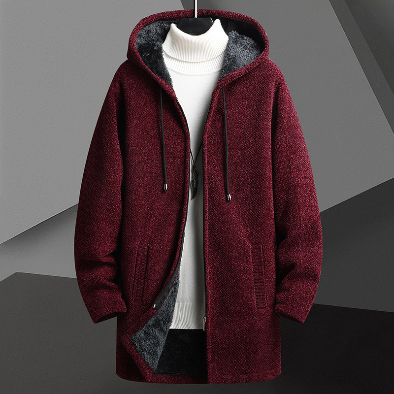 Fall Winter Men Fleece-lined Mid-length Zipper Hooded Sweater Cardigan - Image 4