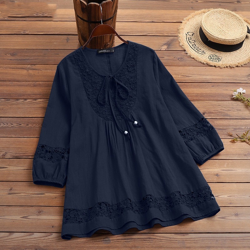 Cotton And Linen Stitching Lace 34 Sleeve Loose Women's Top T-shirt - Image 2