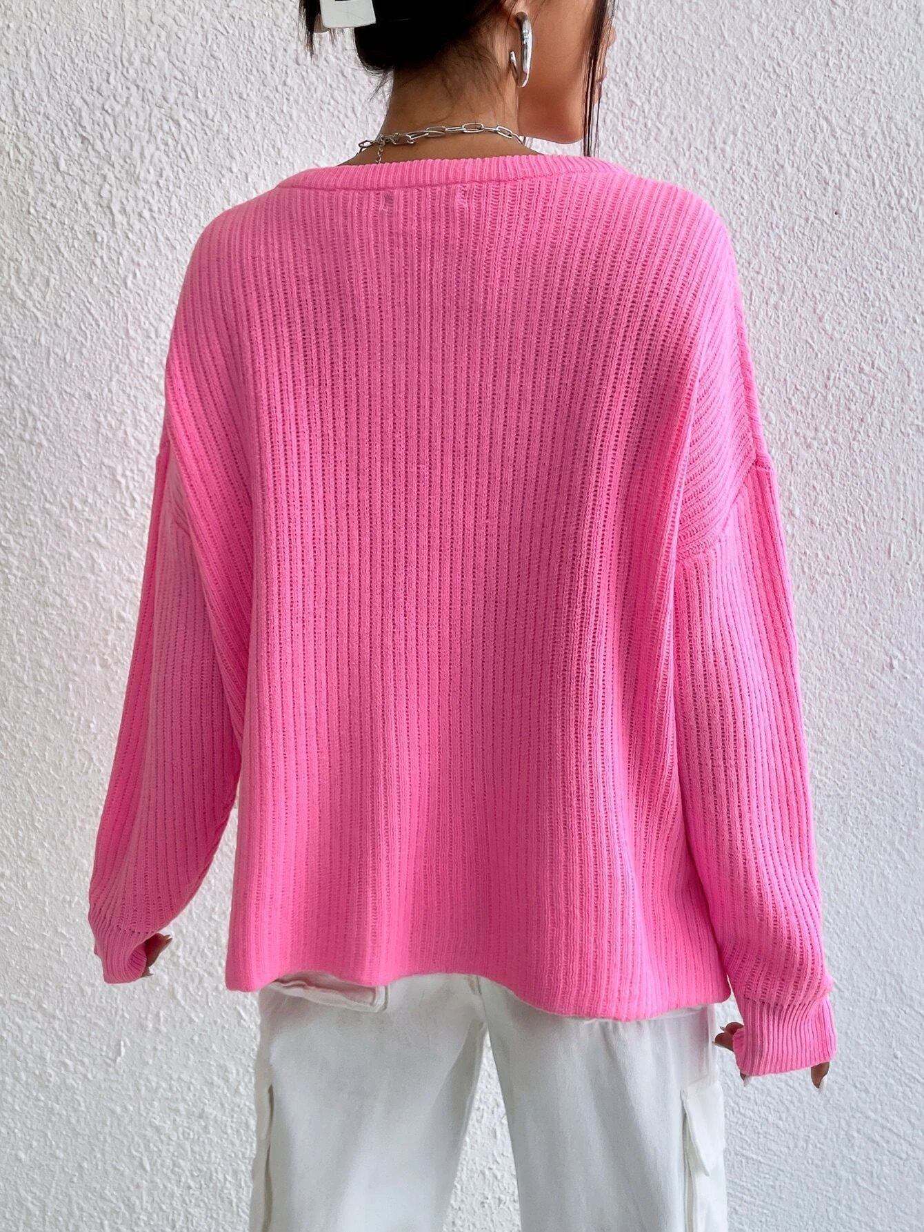 Women's Solid Color Sweater Niche V-neck Loose Leisure All-matching Long Sleeve Sweater - Image 3