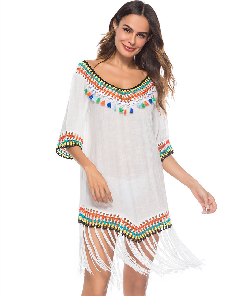 Hollow-out Rainbow Tassel V-Neck Hand Hook Beach Blouse - Image 4