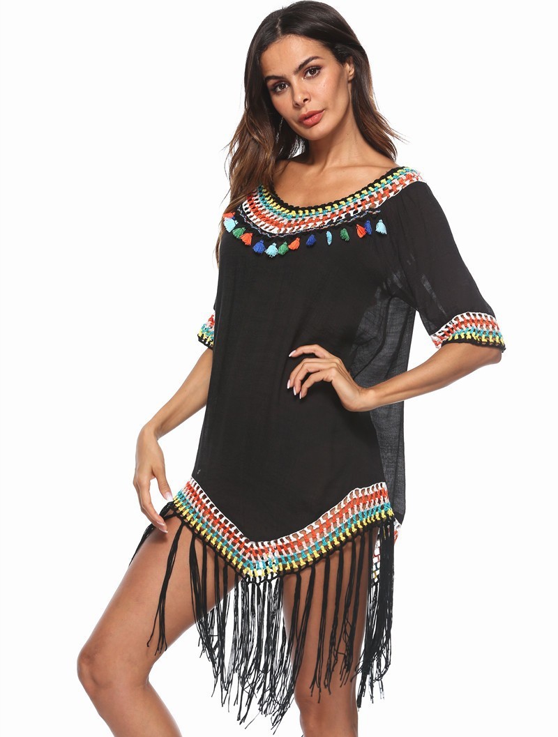 Hollow-out Rainbow Tassel V-Neck Hand Hook Beach Blouse - Image 3