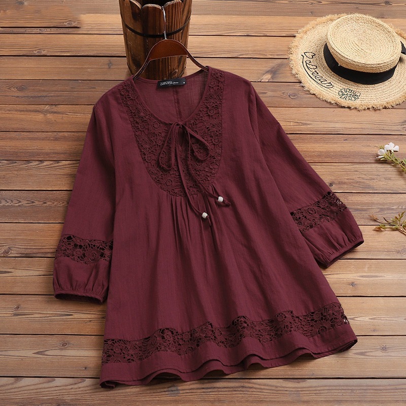 Cotton And Linen Stitching Lace 34 Sleeve Loose Women's Top T-shirt - Image 4