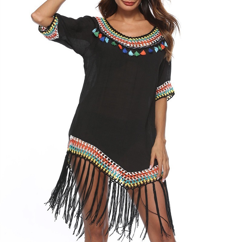 Hollow-out Rainbow Tassel V-Neck Hand Hook Beach Blouse - Image 8