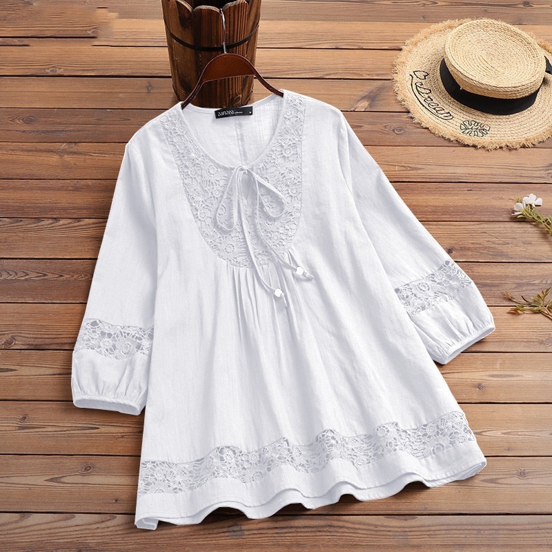 Cotton And Linen Stitching Lace 34 Sleeve Loose Women's Top T-shirt - Image 5
