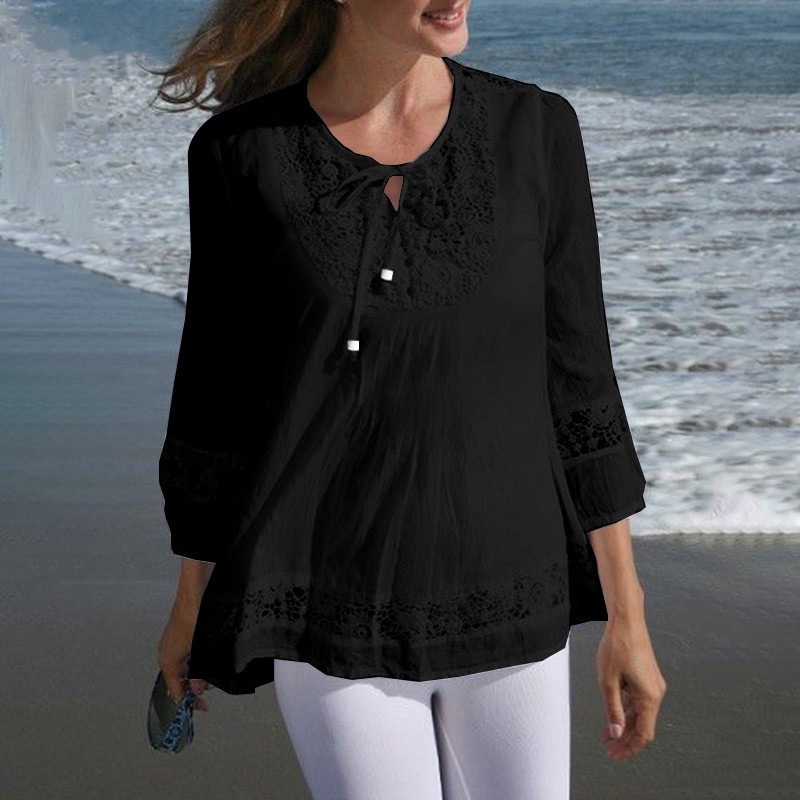 Cotton And Linen Stitching Lace 34 Sleeve Loose Women's Top T-shirt - Image 7