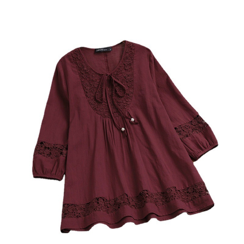 Cotton And Linen Stitching Lace 34 Sleeve Loose Women's Top T-shirt - Image 8