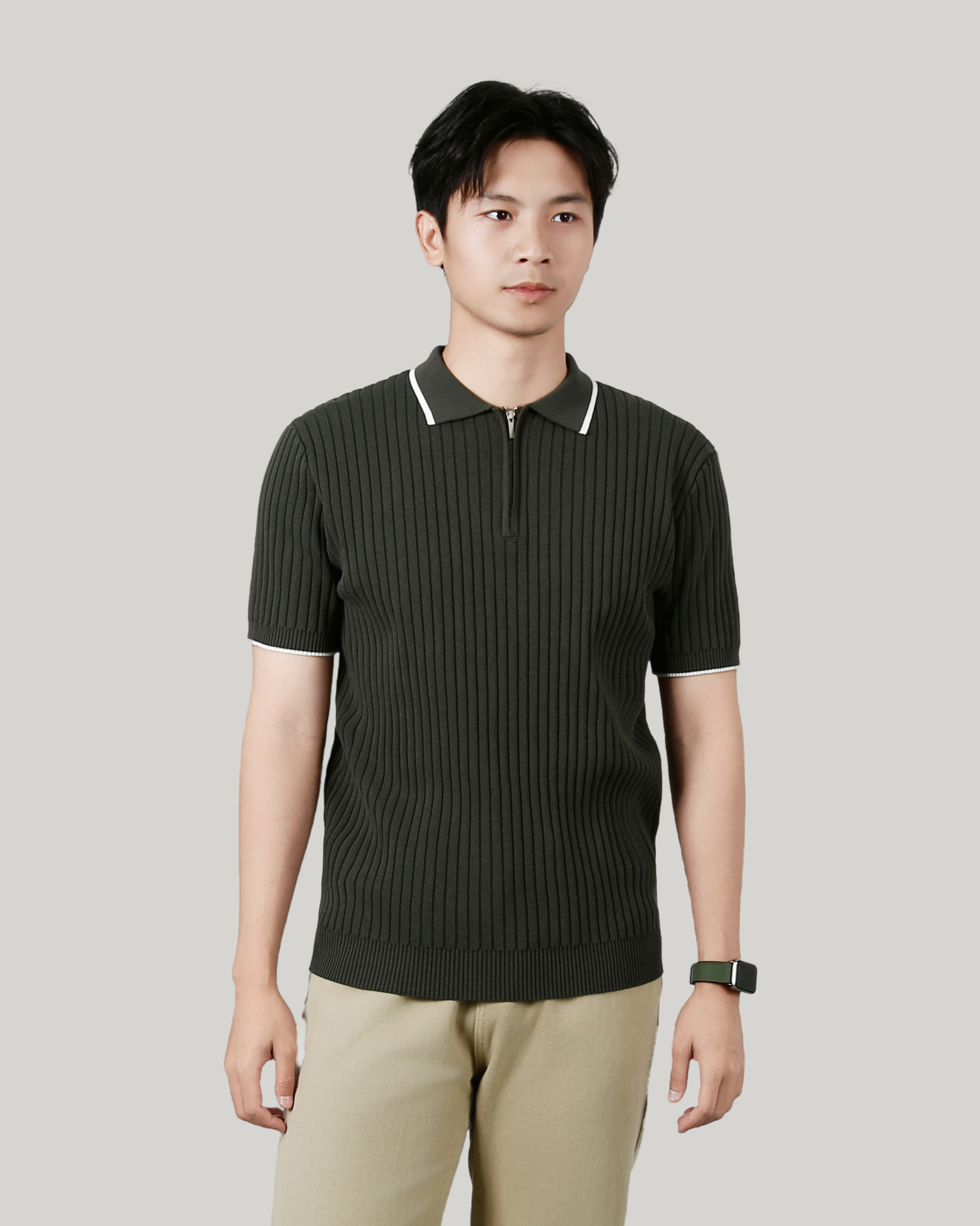 Men's Half-zip Ice Silk Knitted Lapel Vertical Striped Top - Image 7