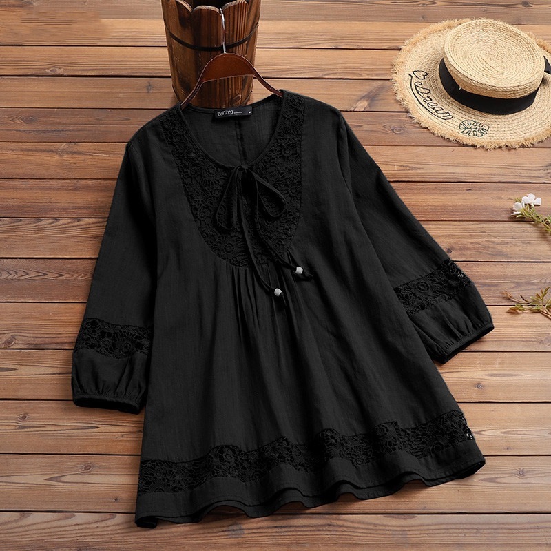 Cotton And Linen Stitching Lace 34 Sleeve Loose Women's Top T-shirt - Image 6