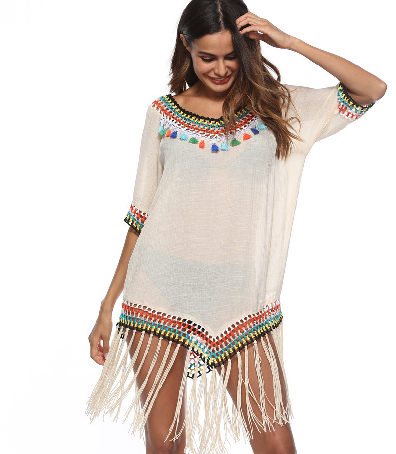 Hollow-out Rainbow Tassel V-Neck Hand Hook Beach Blouse - Image 5