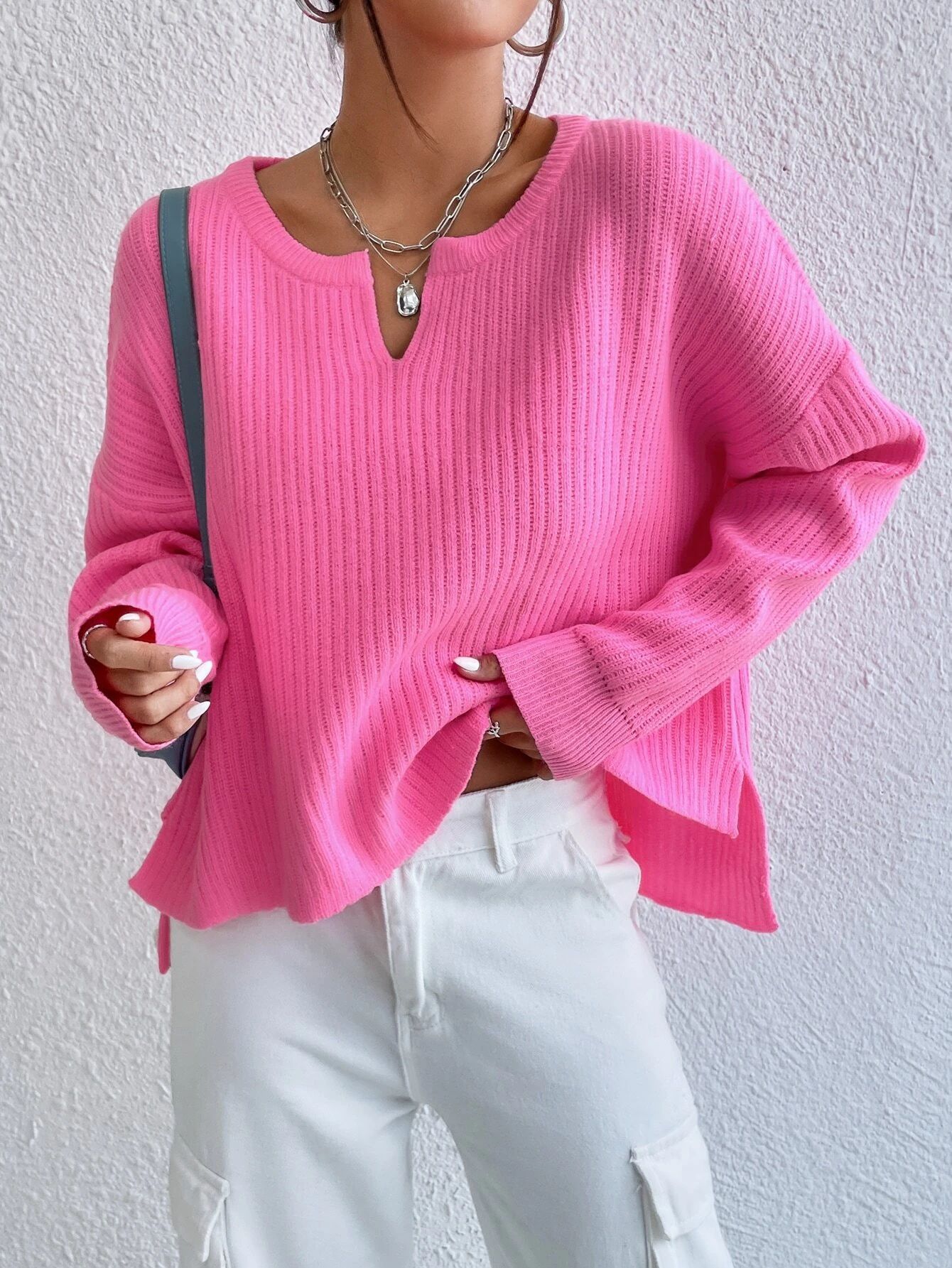 Women's Solid Color Sweater Niche V-neck Loose Leisure All-matching Long Sleeve Sweater - Image 2