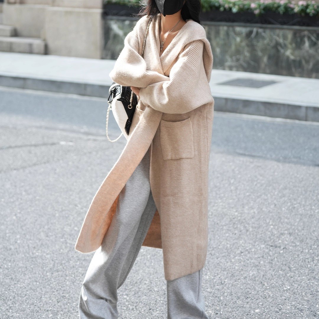 Long Knitted Cardigan Women's Sweater Hooded Trench Coat Coat - Image 7
