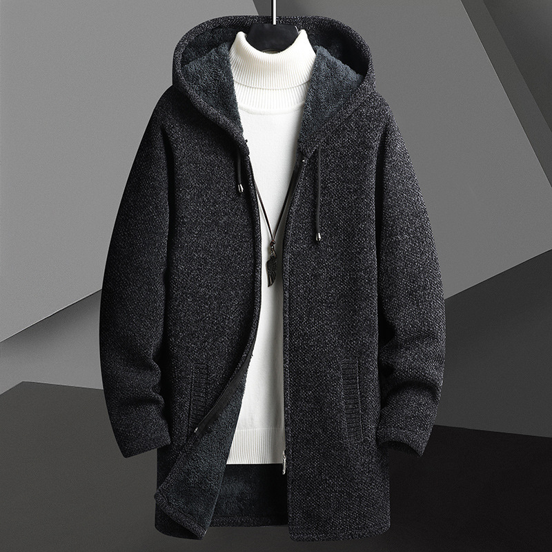 Fall Winter Men Fleece-lined Mid-length Zipper Hooded Sweater Cardigan - Image 2