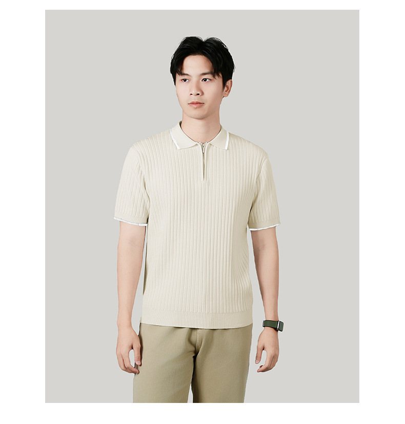 Men's Half-zip Ice Silk Knitted Lapel Vertical Striped Top - Image 5