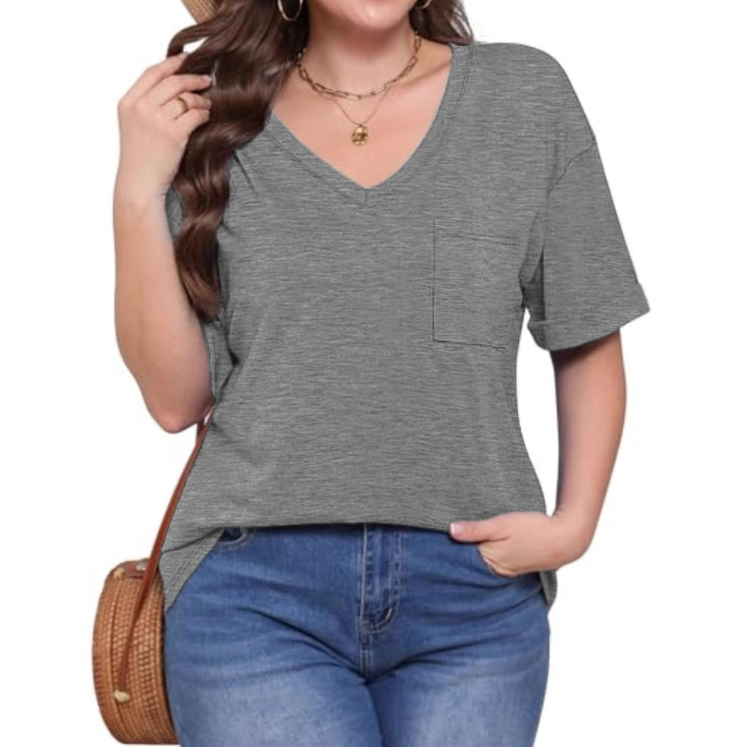 Loose Casual V-neck Pocket Solid Color Short Sleeve T-shirt - Image 4