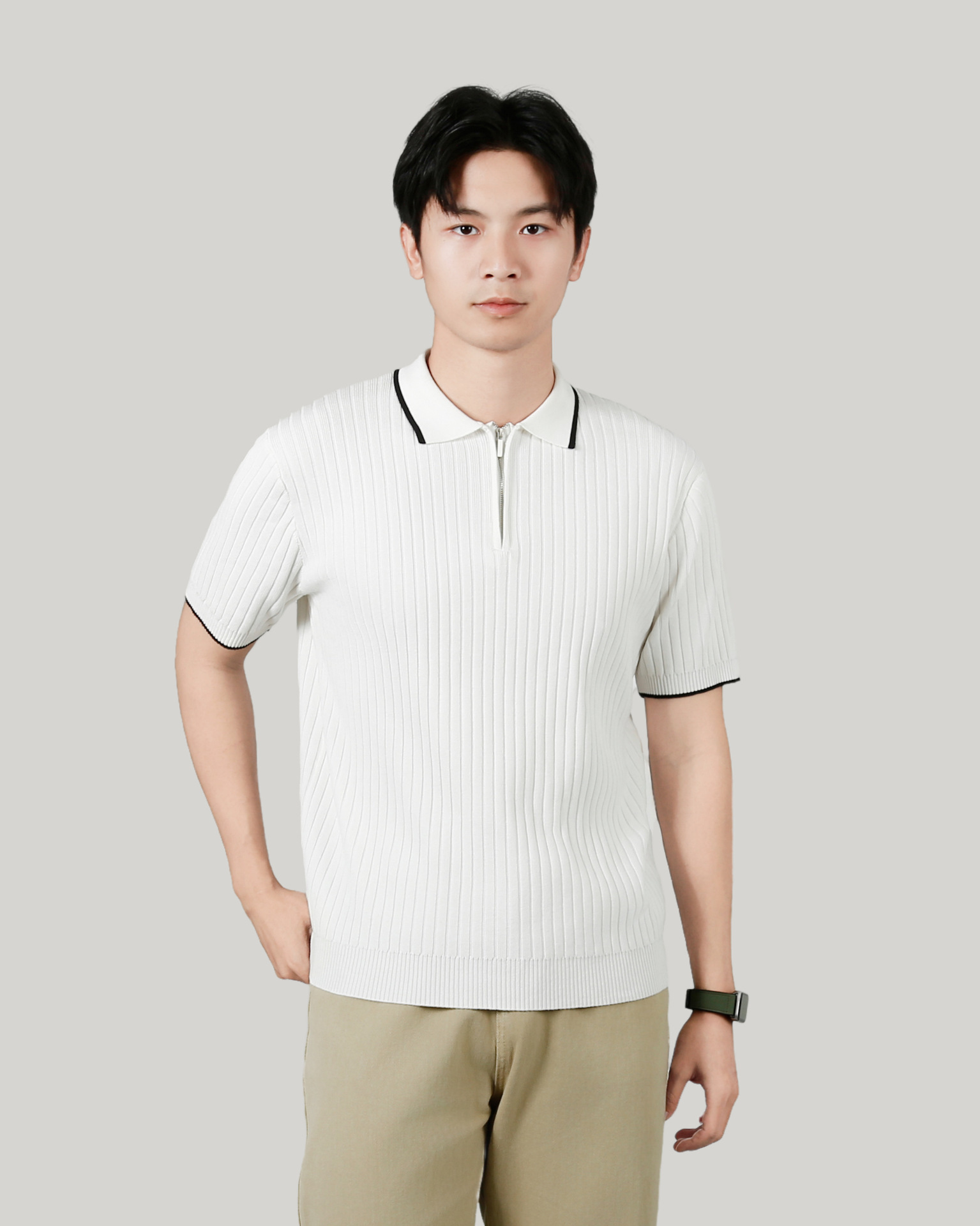 Men's Half-zip Ice Silk Knitted Lapel Vertical Striped Top - Image 9
