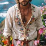 Retro Men's Casual Tops Open Collar Embroidered Shirt