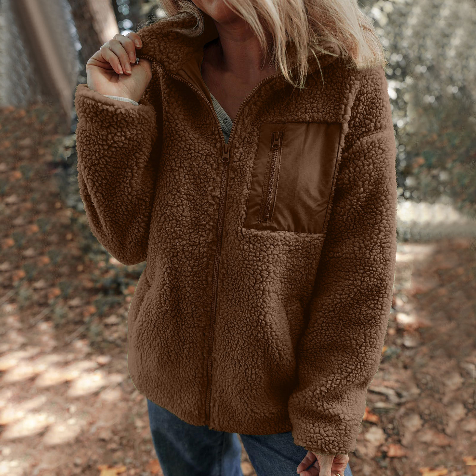 Lambswool Warm Fashion Solid Color Zipper Plush Coat - Image 2