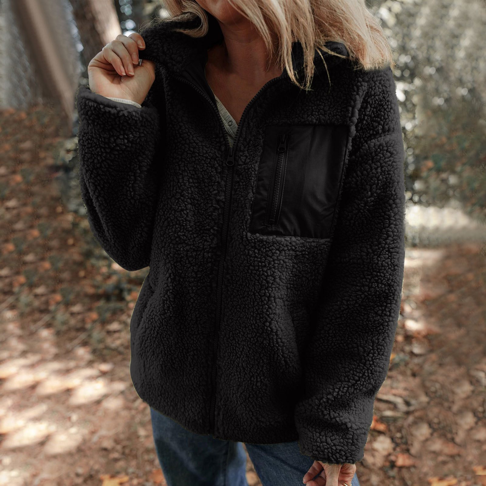 Lambswool Warm Fashion Solid Color Zipper Plush Coat - Image 9