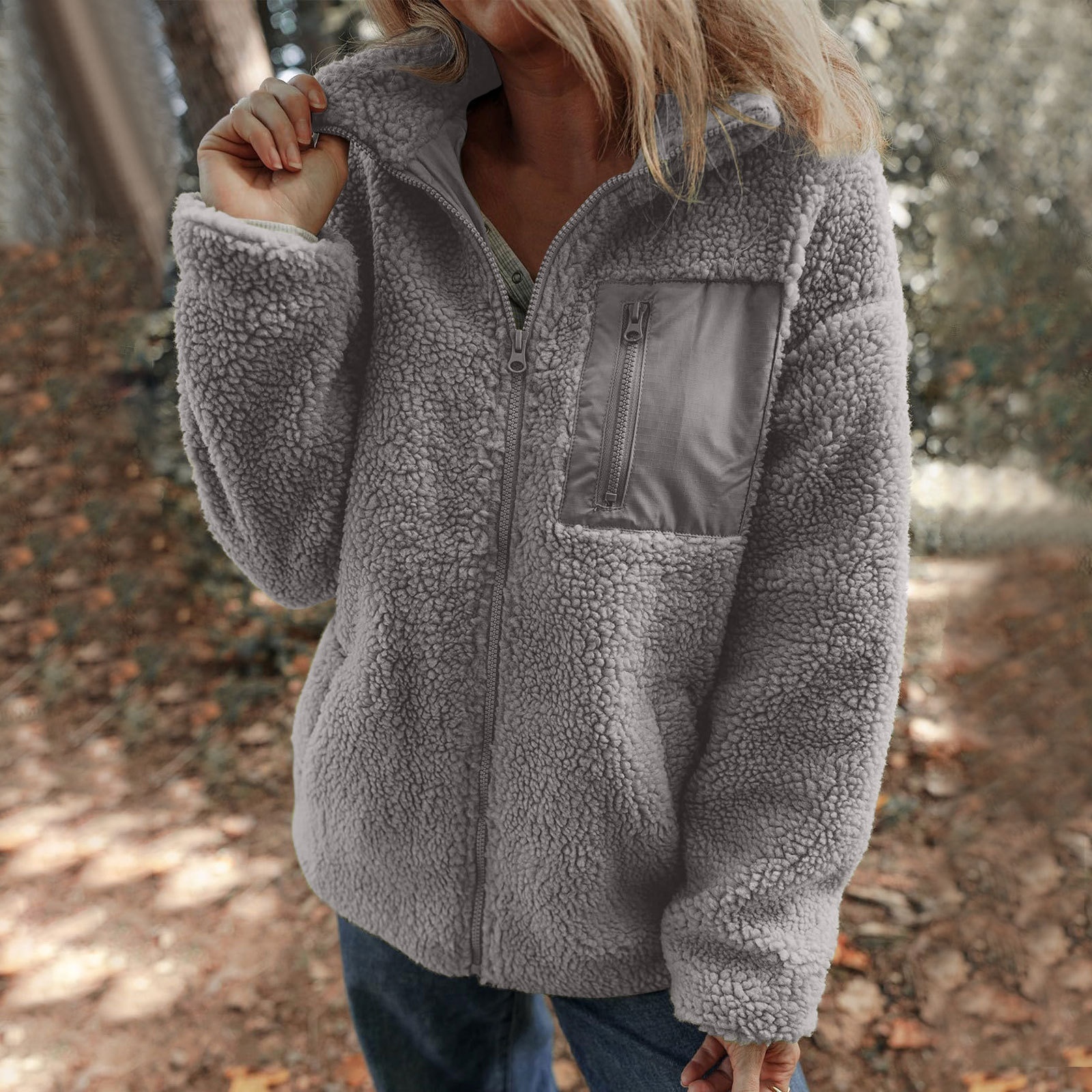 Lambswool Warm Fashion Solid Color Zipper Plush Coat - Image 3