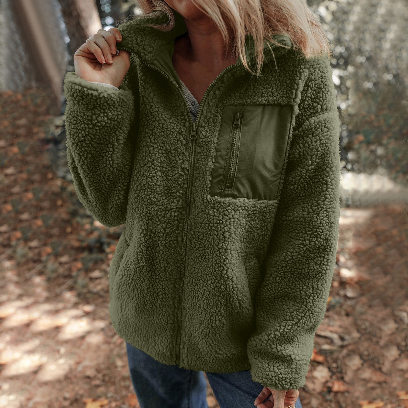 Lambswool Warm Fashion Solid Color Zipper Plush Coat - Image 4