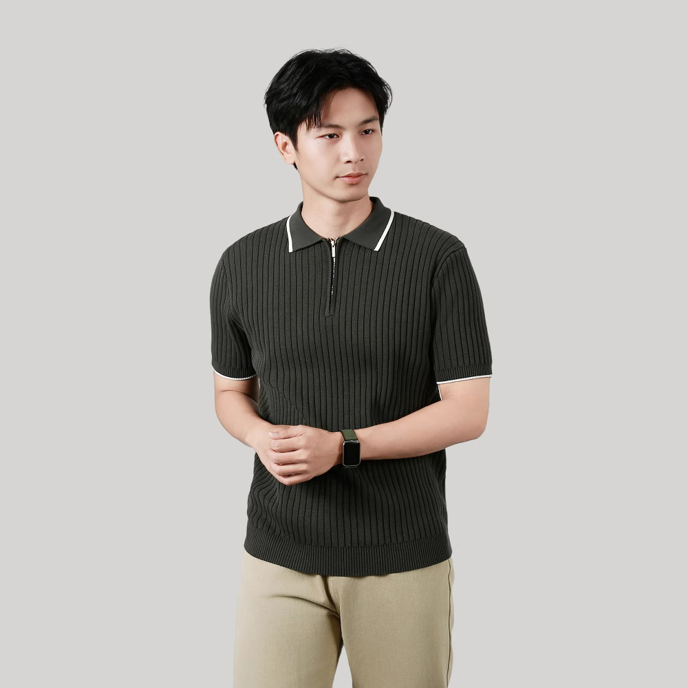 Men's Half-zip Ice Silk Knitted Lapel Vertical Striped Top - Image 8