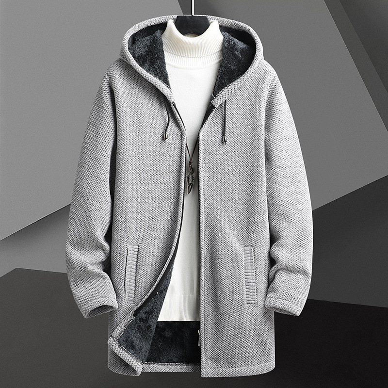 Fall Winter Men Fleece-lined Mid-length Zipper Hooded Sweater Cardigan - Image 5