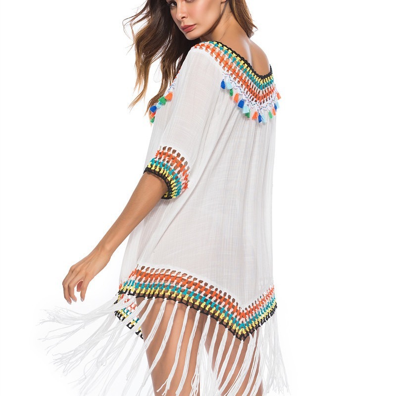 Hollow-out Rainbow Tassel V-Neck Hand Hook Beach Blouse - Image 6
