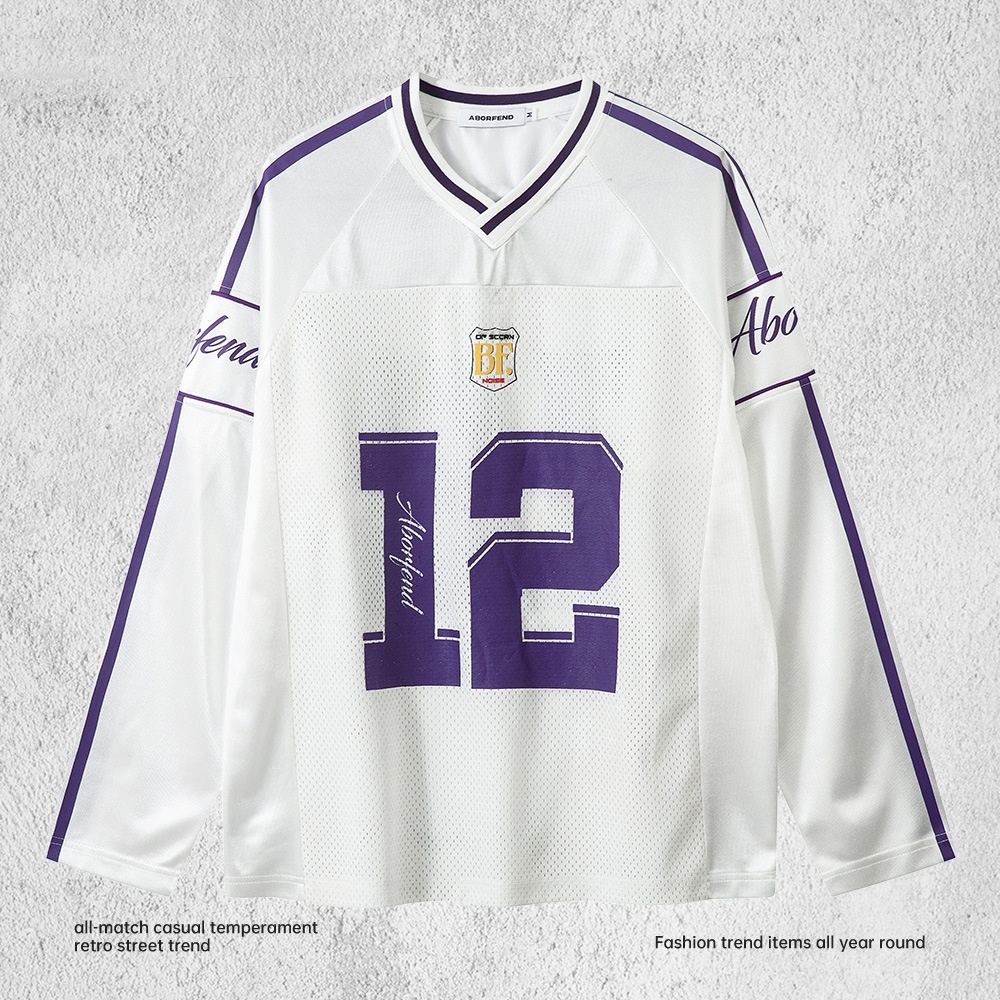 Digital Printed Long-sleeved T-shirt Jersey Contrast Color V-neck Top