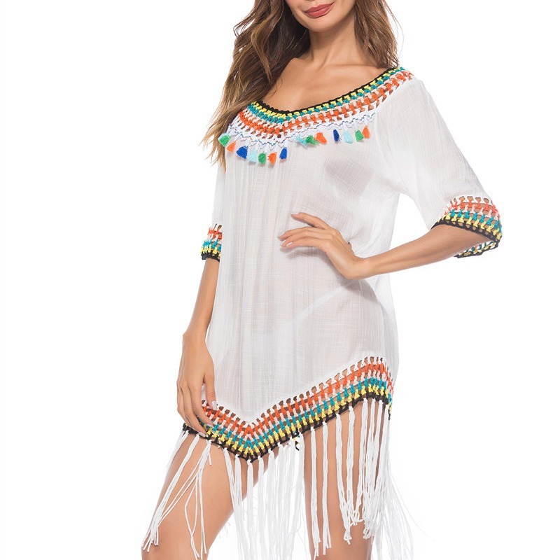 Hollow-out Rainbow Tassel V-Neck Hand Hook Beach Blouse - Image 2
